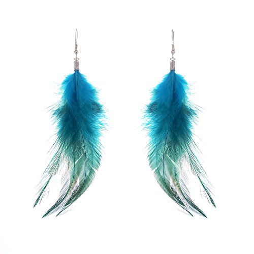 Lureme Bohemian Style Feathers with Small Feather Tassel Dangle Earrings for Women(02004736) (Blue)
