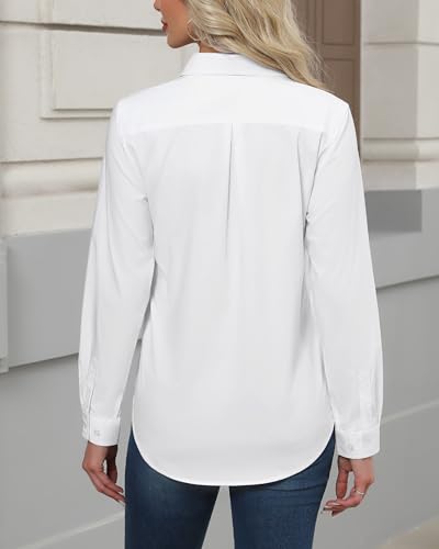 J.VER Button Down Shirts for Women Stretch Cotton Long Sleeve Collared Dress Shirt Business Casual Blouse for Work White Large