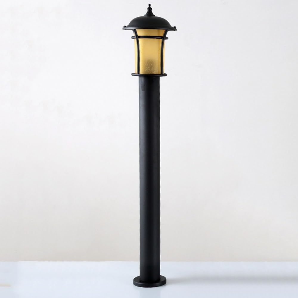 Europejska Lampa Ogrodzeniowa Z Żółtym Kloszem Szklanym, Słupek Oświetleniowy W Czarnym Wykończeniu, Lampa Naścienna Do Chodnika, Patio Lub Werandy,Large