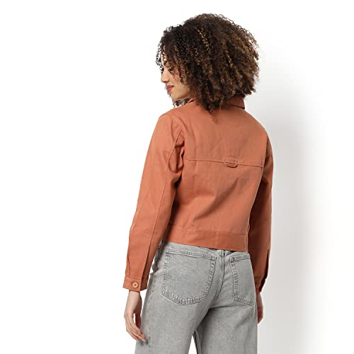 Image of Campus Sutra Women Orange Regular Fit Denim Jacket For Winter Wear | Collared Neck | Full Sleeve | Buttoned | Casual Jacket For Woman & Girl | Western Stylish Jacket For Women