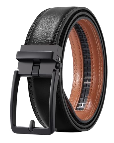 AWAYTR Men Ratchet Genuine Leather Belt - Adjustable Casual Dress Belt for Jeans with Slide Buckle