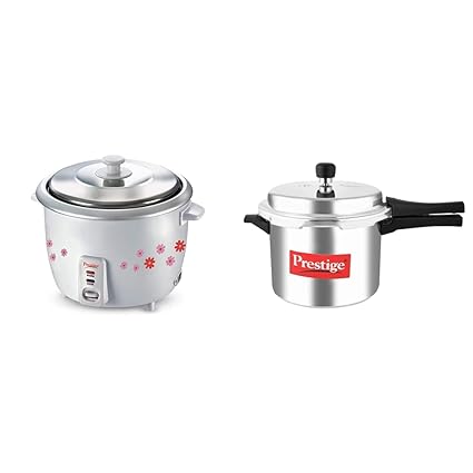 Prestige PRWO 1.8-2 700-Watts Delight Electric Rice Cooker with 2 Aluminium Cooking Pans + Prestige Popular Aluminium Pressure Cooker, 5 Litres, Silver