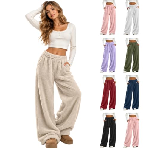 CHENXDZHAO Pajama Pants Women,Fleece Pants Women Wide Leg Elastic Waist Fuzzy Pajama Pant Fall Winter Trendy Cute Casual Loose Fit Cozy Pj Bottoms 2026 Christmas Sleepwear,Beige,L - image 1