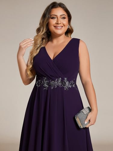 Image of Ever-Pretty Plus Women's V Neck Applique Chiffon Pleated Sleeveless Midi Plus Size Cocktail Party Dresses