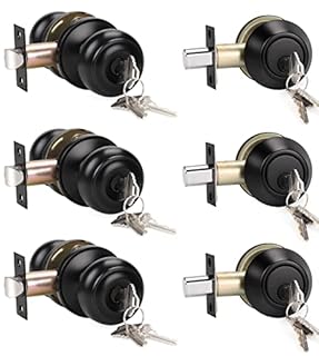 KNOBWELL 3 Pack Keyed Alike Entry Door Knobs and Single Cylinder Deadbolt Lock Combo Set Security for Exterior and Front Door, Keyed Entry Door Locksets with Deadbolt, Matte Black Finish