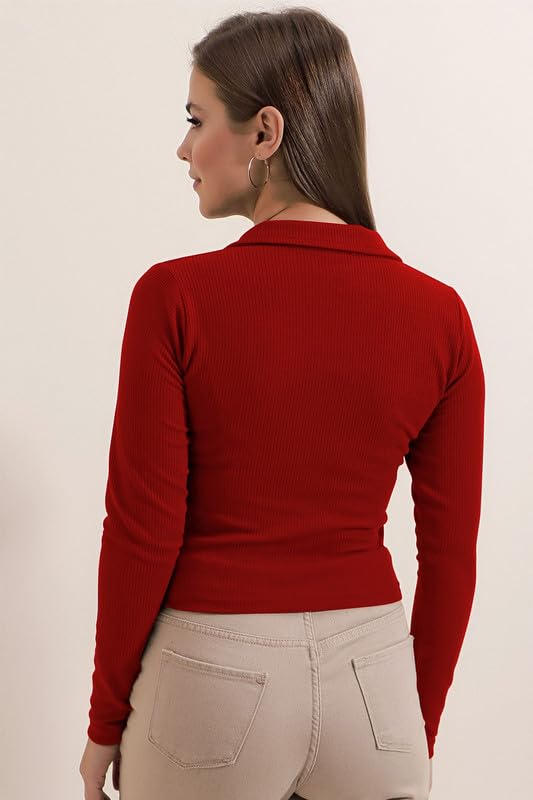 Image of Dream Beauty Fashion Women's Collared Neck Long Sleeve Slim Fit Casual Tee Top, 23 inch inches (Apple-01-P)