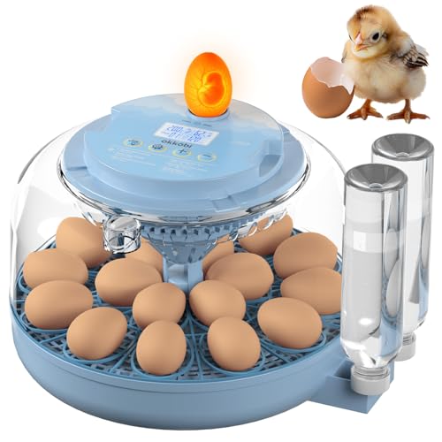 Okköbi 18 Eier Brutautomat Vollautomatisch – Inkubator für Geflügeleier mit automatischem Wenden, Luftfeuchtigkeitskontrolle, Wasserflaschen, Belüftung, 360° Sicht und integriertem Eierprüfer