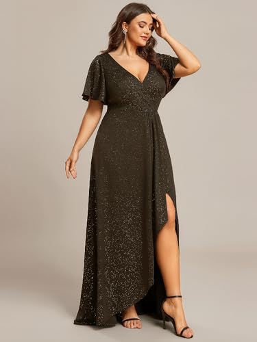Image of Ever-Pretty Womens Glitter High Low Plus Size Cocktail Wedding Guest Dress | V-Neck, Ruffle Sleeve, High Stretch, A-Line, Front Slit, Plus Size Formal Dresses Evening Gowns