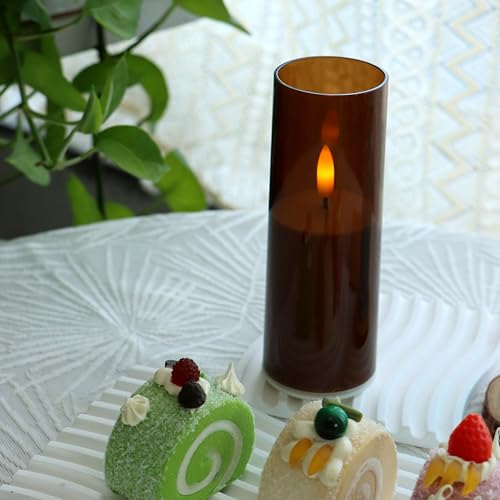 Image of CANDLE CHOICE Indoor Outdoor Flameless Candles with Timer Waterproof Realistic Flickering Battery Operated Pillar LED Lights with Acrylic Shell Wedding Party Christmas Decorations 6 Pack 2 inchx6 inch Brown