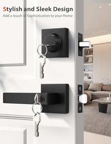 Image of Tinewa 4 Pack Square Keyed Alike Front /Exterior Door Levers with Single Cylinder Deadbolt, Flat Black Entry Door Knob Lock Sets with Deadbolt Combination Sets, for Entrance /Front and Office Doors
