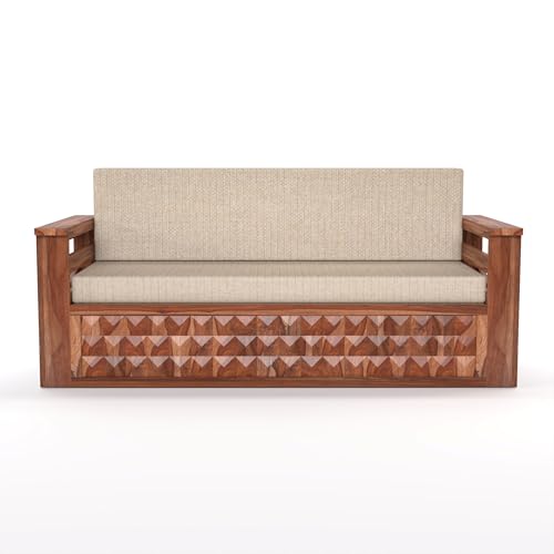 Image of Mamta Furniture Solid Sheesham Wood Sofa Set 3 Seater Furniture Wooden 3 Seater Sofa Cums Bed for Home Living Room with Cushions (Honey with Cream, 3 Seater Design 1)