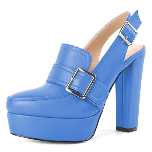 Image of Women's High Heel Loafers Platform Pumps Round Toe Heels Chunky Heel Pumps Stylish Comfortable 4.8 Inch Slingback Heels