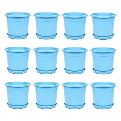 Image of 12 Inch Glossy Plastic Planter with Bottom Plate | Heavy Duty Flower Pot with Tray for Indoor Home Decor, Balcony, Living Room & Outdoor Garden (12 Pot, Ocean Blue)