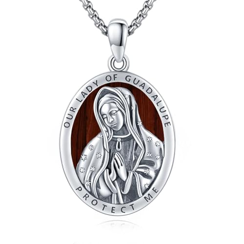 Collier Guadalupe argent sterling 925 pendentif religieux chaîne bois homme bijoux