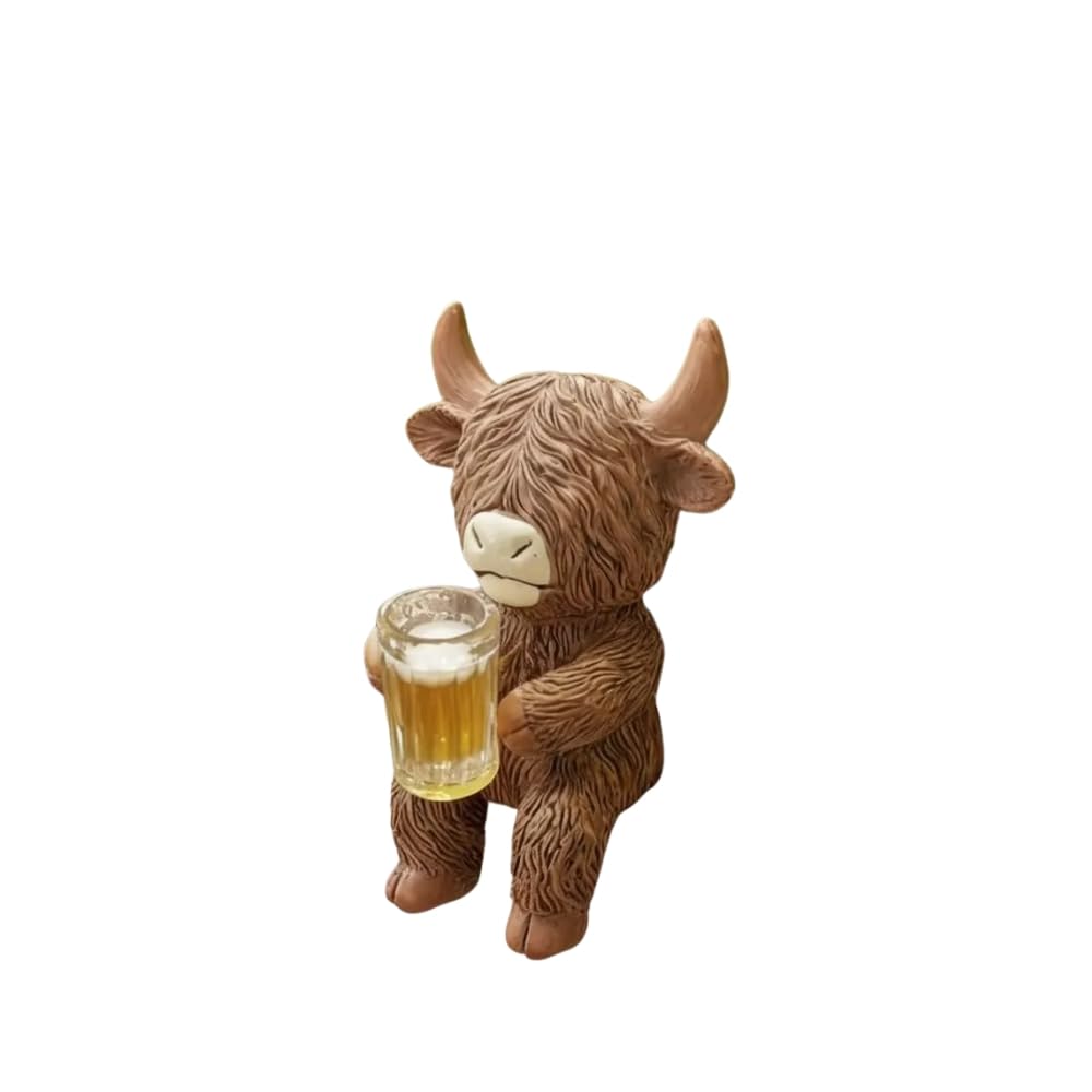 Buyshire Brown Highland Cow Ornaments 2 Pack Resin Garden Decor Wine And Beer Sitting Cow Plant Rim Hanger Cute Flower Pot Animal Planter Pendent Figurines Cottage Farmhouse Style Home Decoration