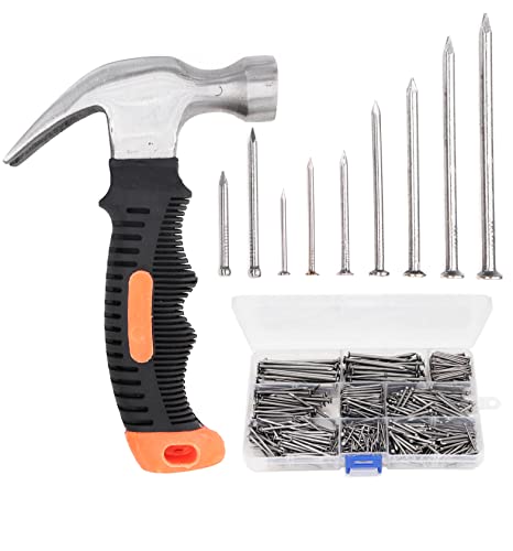 binifiMux 660-teiliges Nagel-Sortiment-Set und 227 ml Klauenhammer, Mini-Hammer mit rutschfestem Griff, gängige Nägel, Holznägel, Bilderhänger, Bildernägel, Wandnägel zum Aufhängen, Stiftnägel Cover