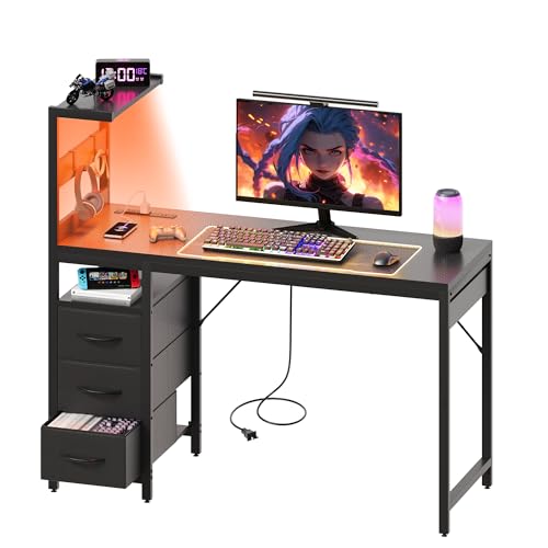 Image of YOUDENOVA 40 Inch Gaming Computer Desk with Led Lights, Small Desk with Storage Shelves and Drawers, Reversible Compact Gamer Table for Home Office, Carbon Fiber Black
