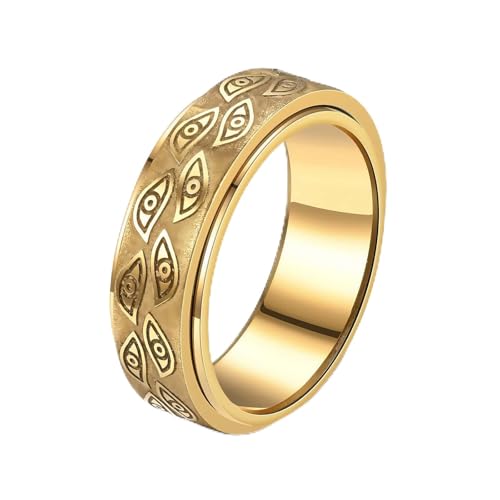 Stainless Steel Evil Eye Spinner Fidget Rings,Gothic Engraved Eye of God Rotatable Vintage Carved Biker Band Anxiety Ring For Men Women Punk Motorcycle Ring Jewelry,Size 6-12 (Gold, 7)