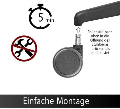 Trendoffice by Dauphin 5er Rollenset, Stuhlrollen Ersatzrollen Rollen für Drehstuhl Bürostuhl, geeignet für Hartböden wie Laminat, Vinyl, Parkett, Stein, Fließen, Stiftdurchmesser von 11mm