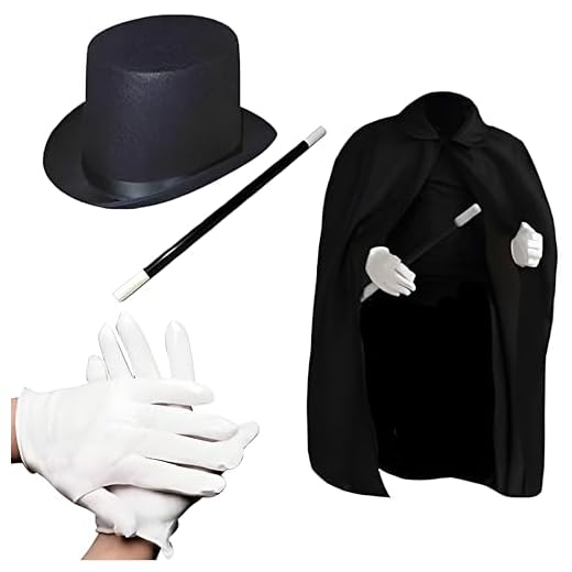Prextex Magician Costume for Kids - Kiddie Role Play Halloween Magician Dress Up Set, Top Hat, Cape, Magic Wand and White Gloves