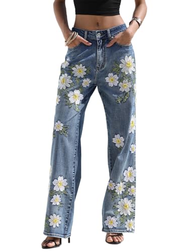 Womens Floral Embroidered Wide Leg Jeans High Waisted Boho Straight Leg Denim Pants Sunflower,2