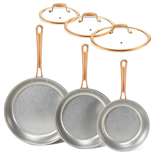 KOKHUB Tri-Ply Stainless Steel Frying Pans Set, 8'/9.5'/11' Vintage Cooking Pans with Lids, PFOA/PTFE/PFAS Free Skillet, Non-Toxic Induction Cookware, Dishwasher & Oven Safe, All Cooktops Compatible
