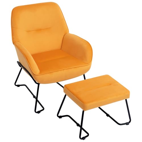 HollyHOME Armchair with Footstool Living Room Chair with Footrest Stool Velvet Bedroom Arm Chairs Reading Chair Lounge Chairs Relax Armchair, Yellow