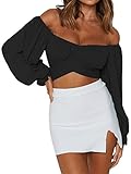 LYANER Women's Cute Off Shoulder Long Sleeve Self Tie Knot Crop Tube Top Blouse Black Medium