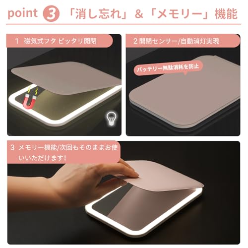 COSOWO女優ミラー 卓上 折りたたみ スタンド 携帯型 鏡 LEDライト付き 明るさ調節 3色調光 無段階調光 自動消灯 消し忘れ メモリ機能 自動ロックカバー 滑り止めカバー 卓上鏡 化粧鏡 ドレッサー タッチパネル おしゃれ コンパクト 持ち運び 収納便利 メイクミラー プレゼント Type-Cケーブル付き 誕生日 クリスマス プレゼント 最適 ピンク [4]