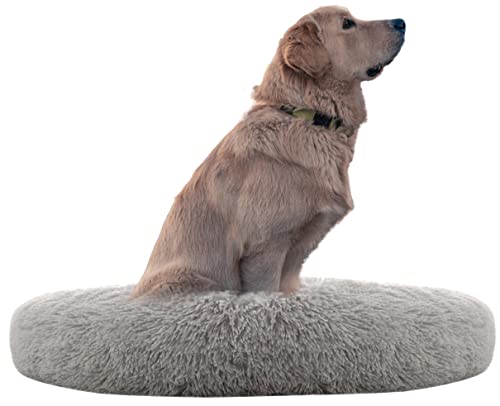 Comlax Beruhigende Donut Hundebetten XXXL, Rundes Kissen mit abnehmbarem waschbarem Bezug, Anti-Angst-Kunstfell-Kuscheltier, Flauschiges, bequemes, pelziges Haustierbett (115cm, Silber)
