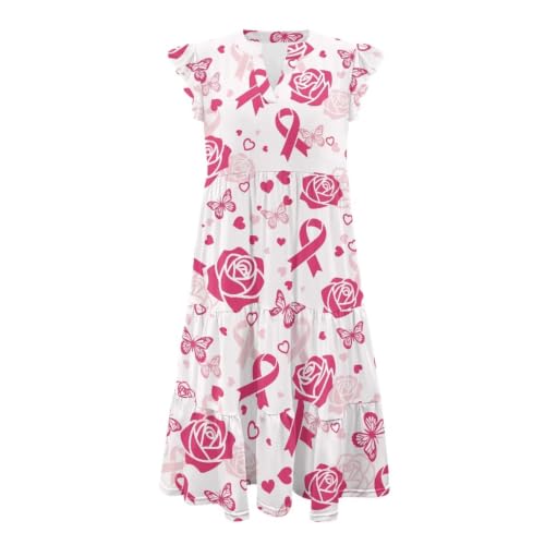 Image of Women's Casual Ruffle Sleeve Dress V Neck Pullover Dress Flowy A-Line Pleated Lightweight Dress with Pockets