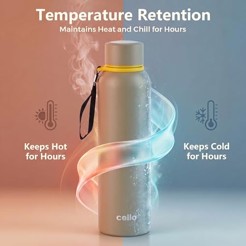Image of CELLO Duro Kent Gen-X Stainless Steel Flask 520ml Beige | Wide Mouth with Carrying Loop, Leak Proof Double Wall Vacuum Insulated Hot and Cold Flask Water Bottle For Office Gym Biking Outdoor Hydration