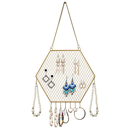 Support mural pour boucles d'oreilles, boucles d'oreilles, support hexagonal décoratif en forme de grille de diamant avec crochets de suspension pour boucles d'oreilles, colliers, bracelets (doré) Cover