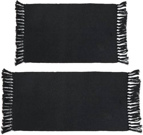 Seavish Black Kitchen Rug Set, 2x3+2x4.3 Boho Cotton Woven Area Rug, Washable Throw Rug Set, Farmhouse Floor Mat for Laundry Room Bedroom Bathroom Restroom Doorway Patio Porch