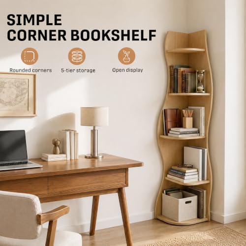 KEIKI 63" Unique Curved Bookshelf, 5-Tier Corner Bookcase w/Shelf, Natural - image 6