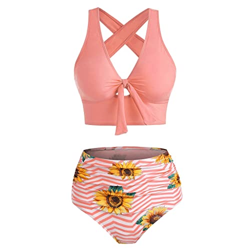 Bikini tankini rose XL avec bandage croisé et coupe haute rétro