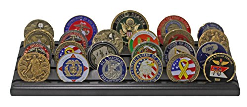 DisplayGifts Challenge Coin Display Stand 4 Row Wooden Holder Rack Case Holds 28 Coins Black Finish