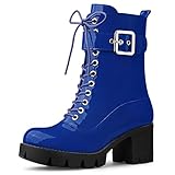 Allegra K Women's Zip Platform Chunky Heel Blue Combat Boots 8.5 M US