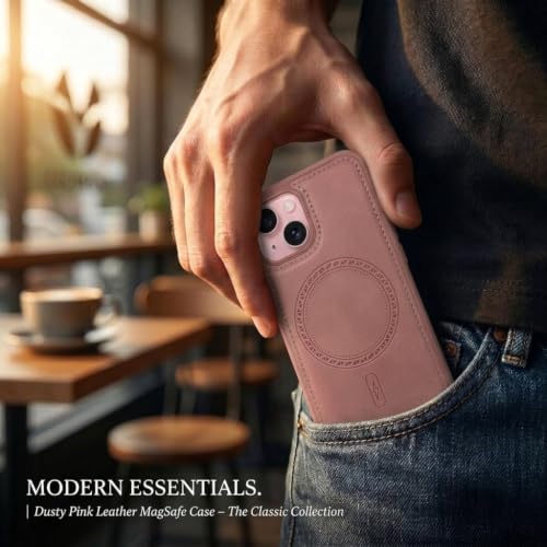 Image of amazon basics Premium PU Leather Case for iPhone 15, MagSafe Compatible Magnetic Ring, Sleek Protective Back Cover - [Pink]