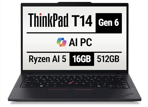 Image of Lenovo 2025 ThinkPad T14 Gen 6 Co-Pilot+ Laptop - AMD Ryzen AI 5 PRO 340, 14 inch WUXGA 1920x1200 400 Nits Display, 16GB Ram, 512GB SSD, 5MP RGB Cam, FP Reader, Backlit KYB, Windows 11 Pro - 21QJ00CQUS