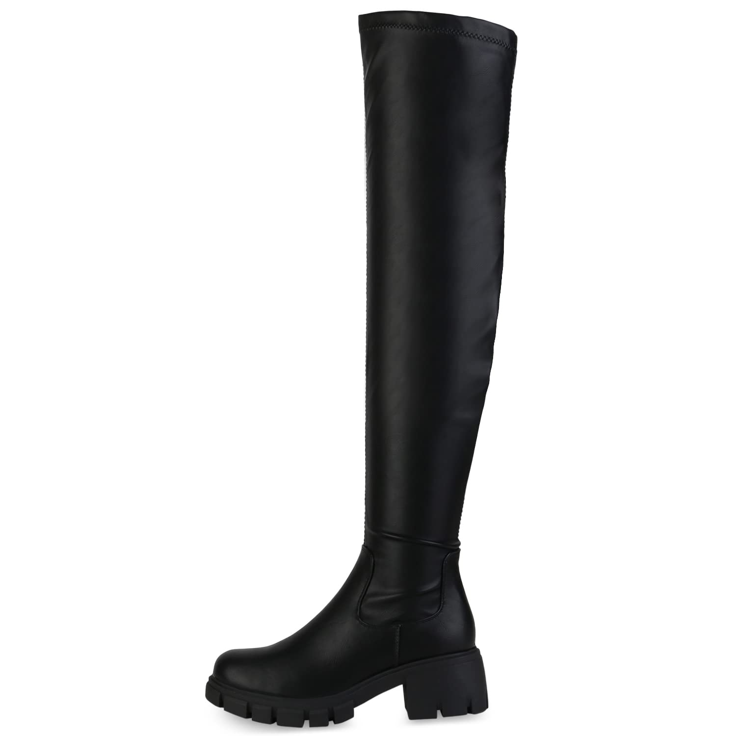 VAN HILL Damen Stiefel Overknees Leicht Gefüttert mit Blockabsatz Plateau Vorne Profilsohle
