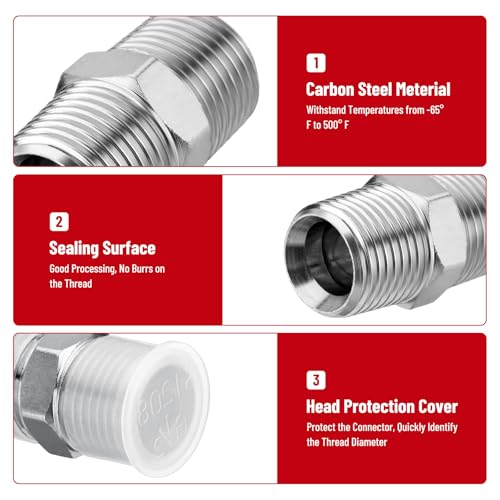 Image of 10 Pack Hydraulic Adapter Fitting: 1 /2 inch NPTF Male x 1 /2 inch NPTF Male | Carbon Steel Hydraulic Hose Crimp Connectors with Protective Cover, Cone Seat Tapered Thread