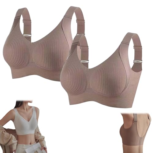 Genérico Sujetador Push up Ajustable, Sin Aros Y Acanalado para Mujer, Suave, Cómodo Y Sin Costuras para Uso Diario(Brown 2Pcs,M)