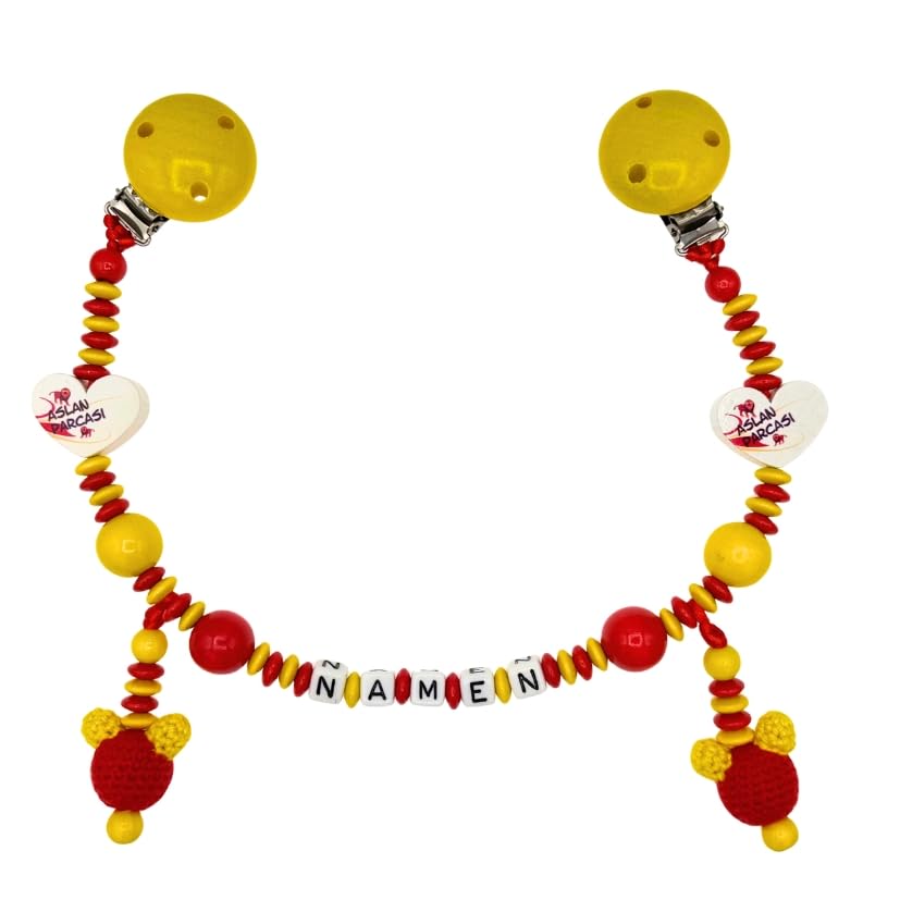 Set Nuckelkette + Kinderwagenkette mit Namen " für GALATASARAY Fan - ASLAN PARCASI - MAUS " Rot Gelb/Baby/Unisex/Personalisiert/HANDMADE