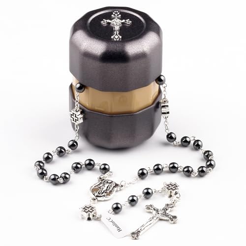 HanlinCC St.Michael Catholic Rosary Necklace Hematite Stone Beads with Metal Cross Glory Beads for Men and Women in Metal Box2