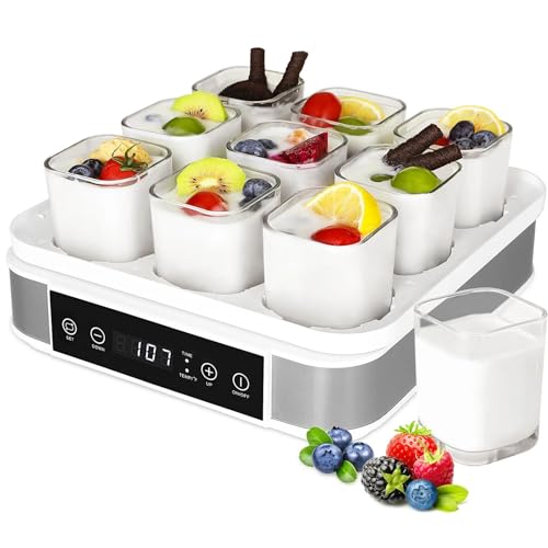 Yogur digital con temporizador, control de temperatura, 9 tarros de vidrio para yogur casero, 52 onzas de acero inoxidable