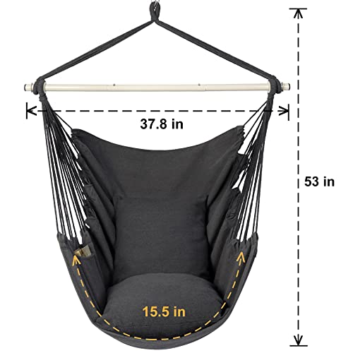Image of Y- STOP Hammock Chair Hanging Rope Swing Chair, Max 500 Lbs, 2 Seat Cushions Included, Removable Steel Spreader Bar with Anti-Slip Rings, Hardware kit-for Indoor Outdoor(Dark Grey)