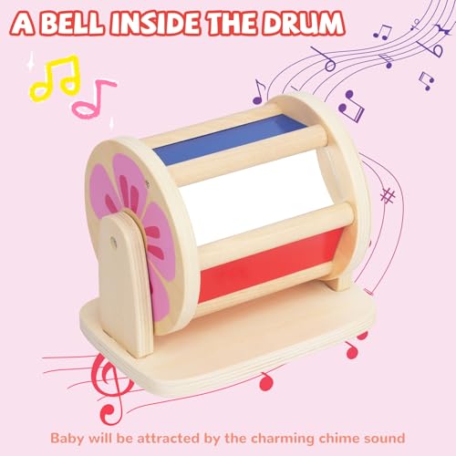 Montessori Spinning Drum Baby Toys, Wooden Tummy Time Mirror Play Kit and Rainbow Fabric Ball Kit Toys for 6-12 Months Toddlers - Image 5