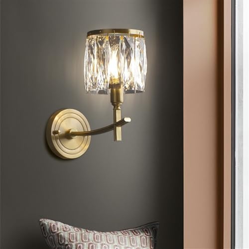 ZVALIEVYE Aplique de Pared de Cristal, Aplique de Pared de Latón Cepillado Antiguo con Pantalla de Cristal K9, Lámparas de Tocador de Mediados de Siglo, Iluminación de Pared Interior para Dormitorio,