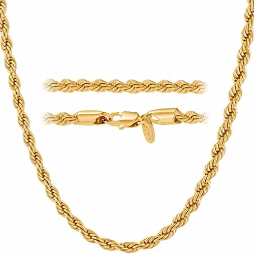 LIFETIME JEWELRY 24k Real Gold Plated 4mm Rope Chain Necklace Diamond Cut Gold Chain for Men Women Boys (24 inches, Gold Plated)